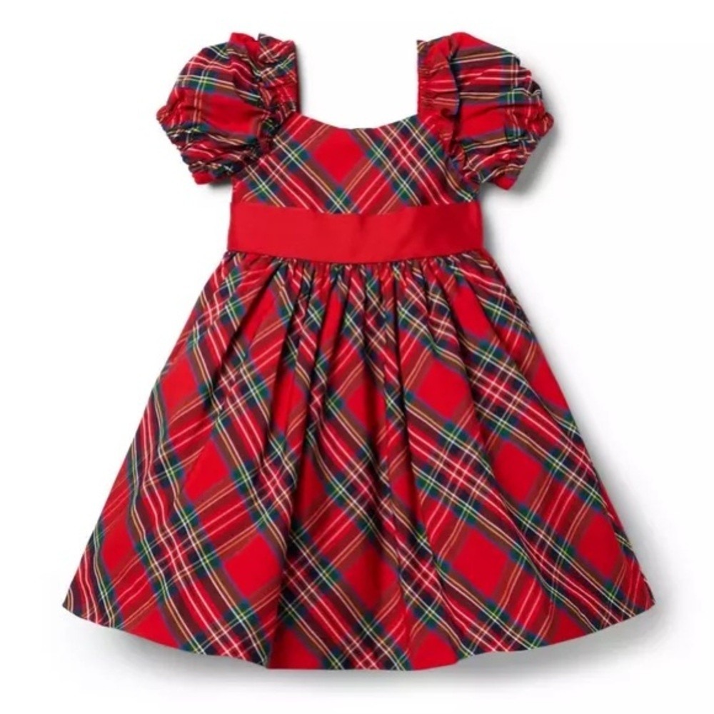 Janie and Jack Plaid Dress Kids 7 Red Holiday Puff Sleeve Bow Preppy Christmas